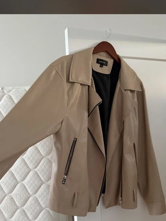 Beige Faux Leather Moto Jacket - Women's Coat - Picture 4 of 4